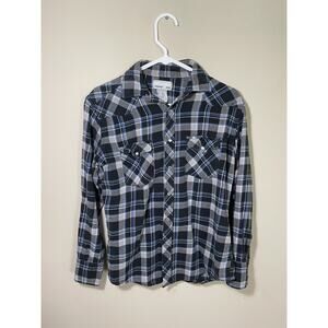 Wrangler Wrancher Flannel Shirt Mens M Black And Blue Plaid‎ Western Pearl Snap